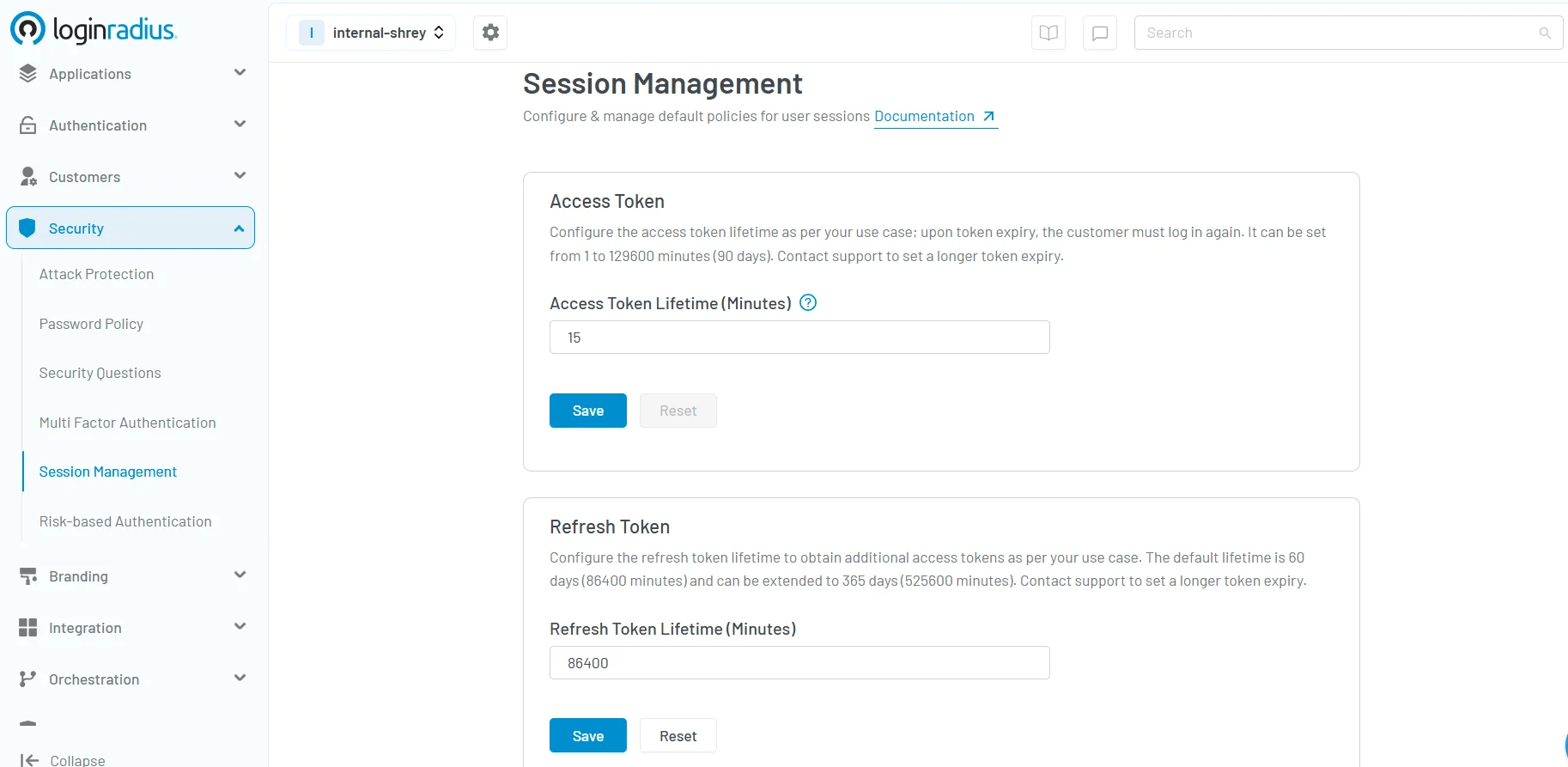LoginRadius admin console showing session management settings for configuring access and refresh token lifetimes.