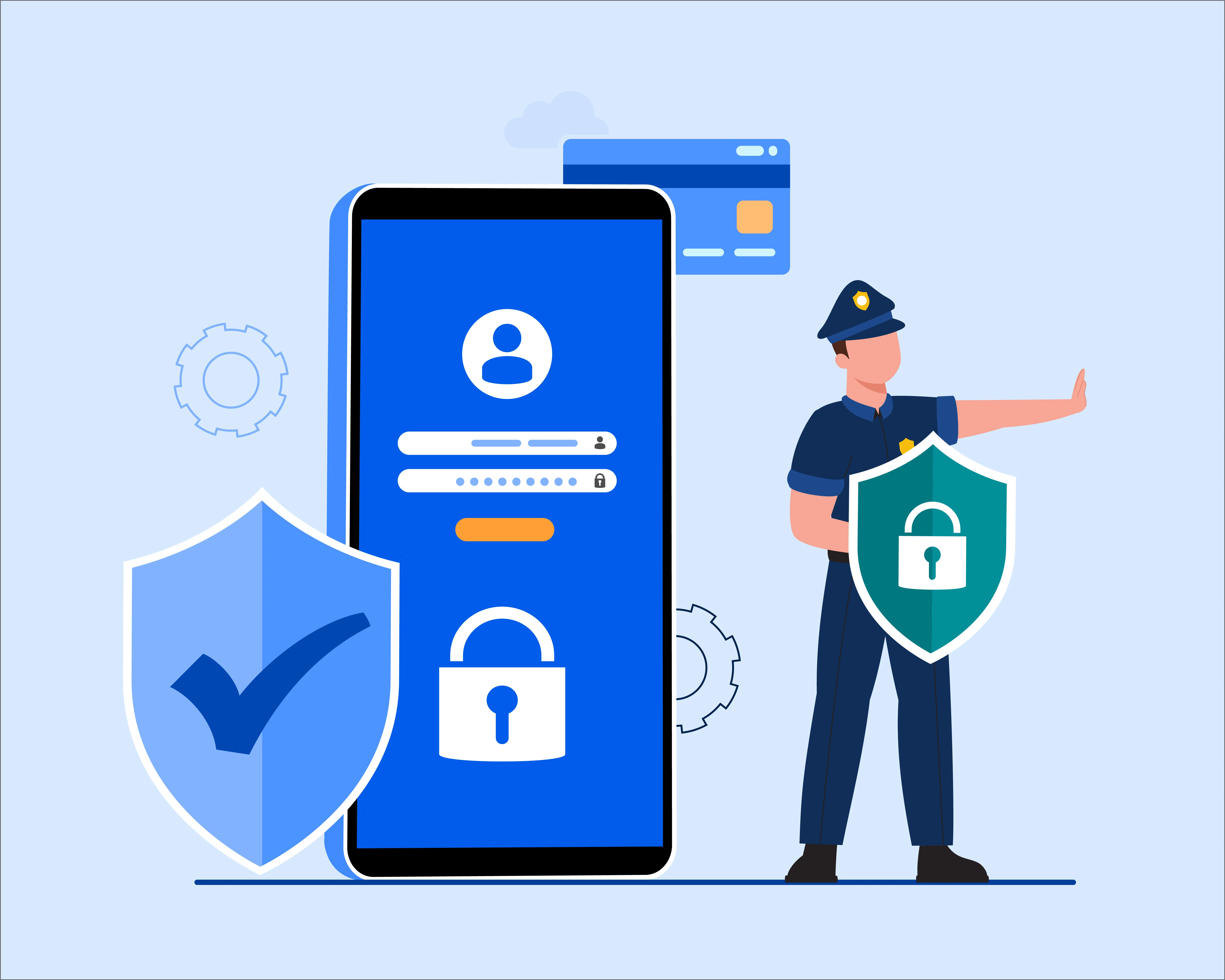 An image showing a mobile device and a security official asking for authentication.