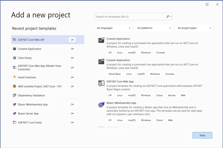 Create a new project in Visual Studio