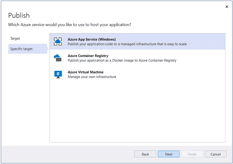Specify the Azure service to host your application