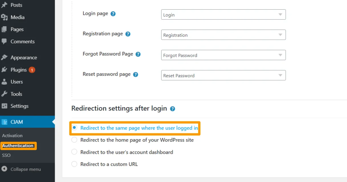 Authentication Settings ‹ CIAM — Same Page