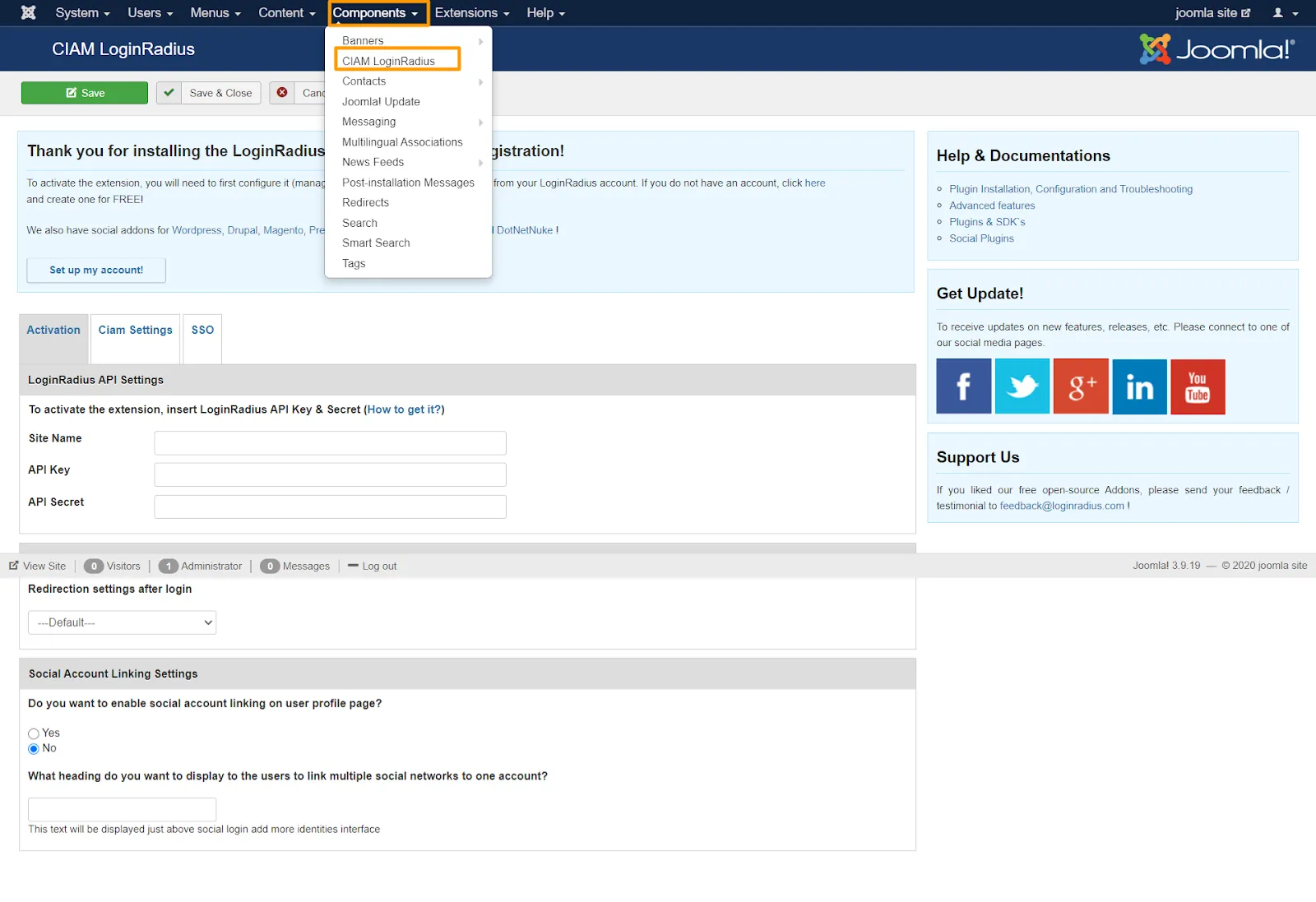 CIAM LoginRadius Joomla Site Administration 2
