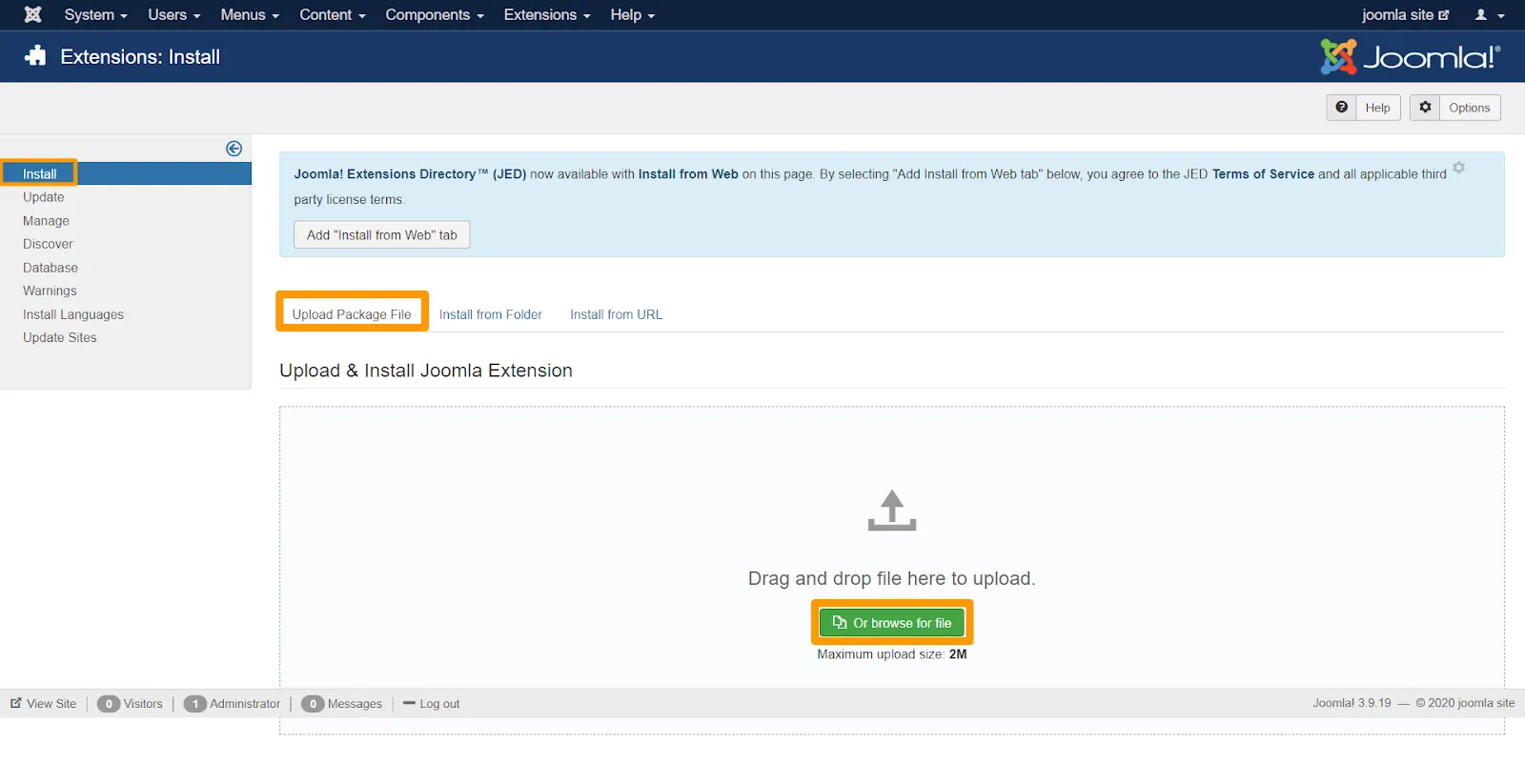 Extensions Install Joomla Site Administration 2