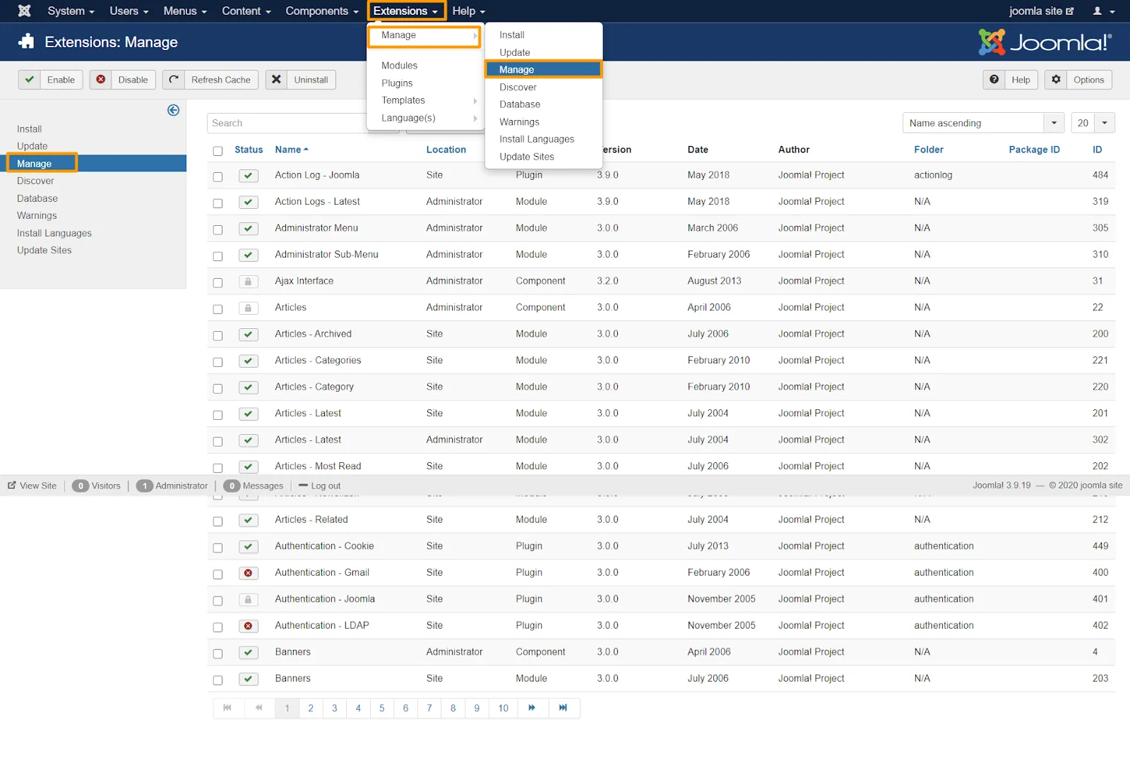 Extensions Manage Joomla Site Administration 2