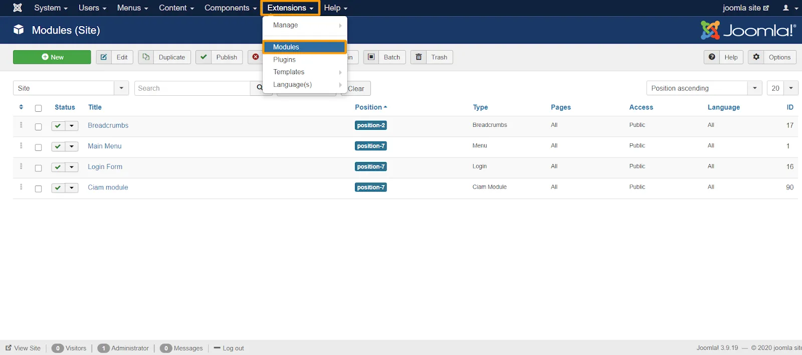 Modules Site Joomla Site Administration 3