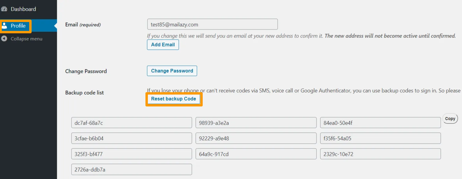 Profile  Backupcode