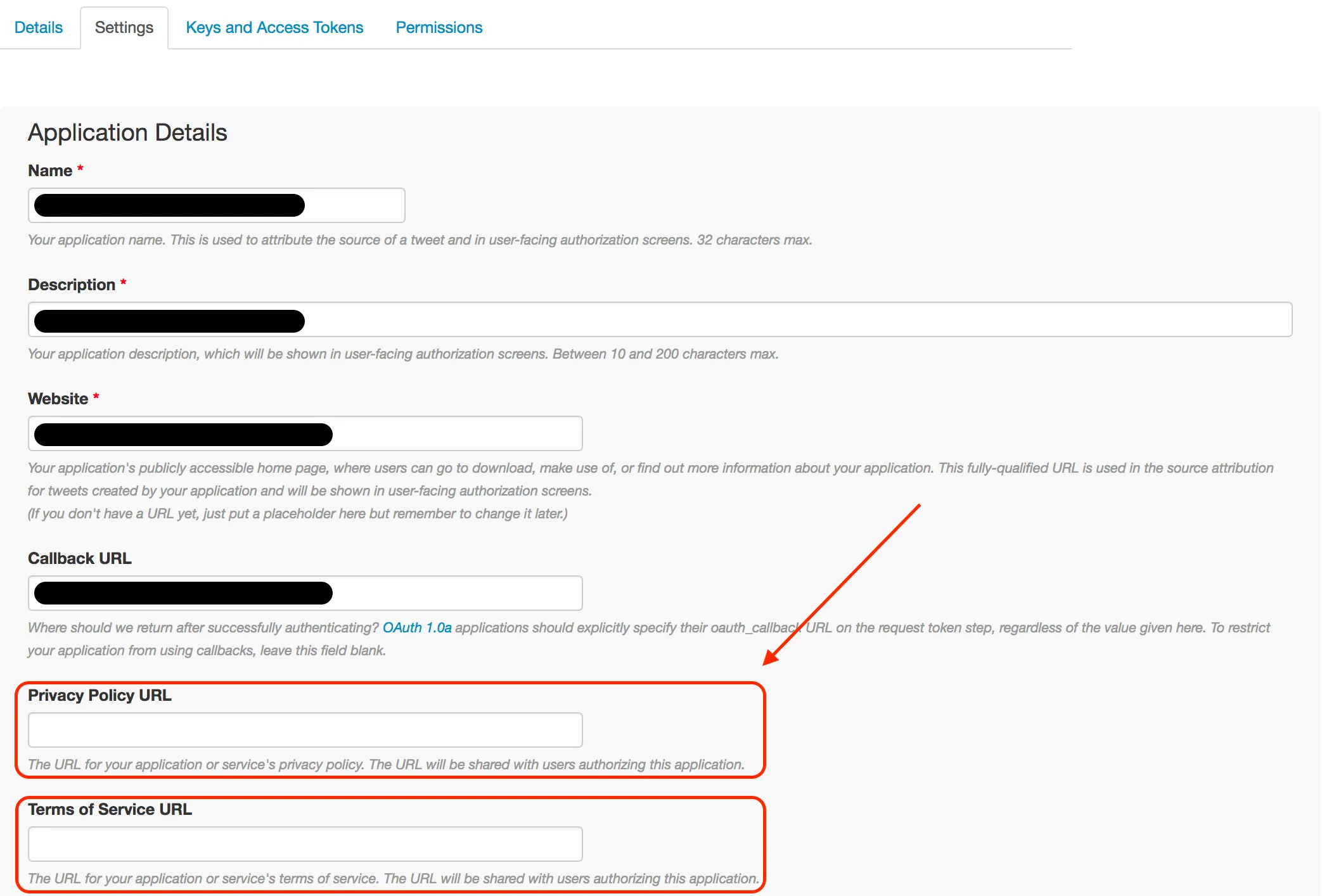 twitter settings add PP &amp; ToS
