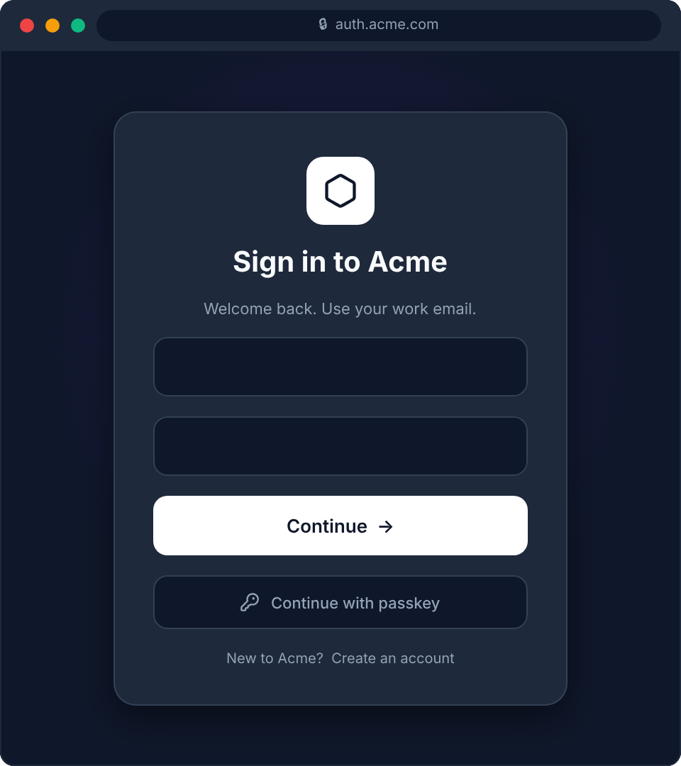 Branded login page, dark theme