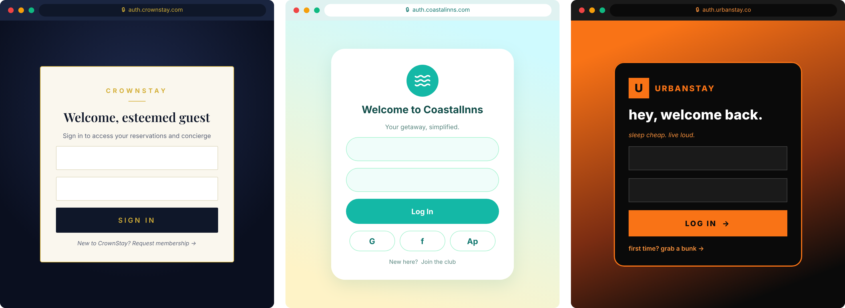 Three distinct brand login pages served from one identity backend