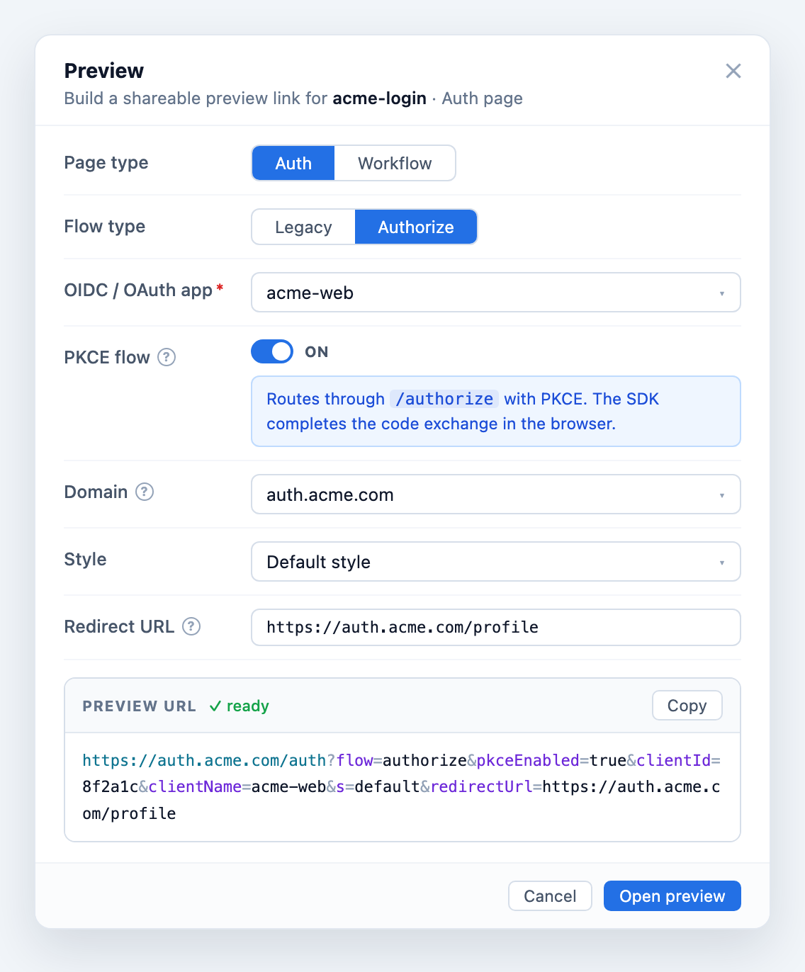 Auth Studio Preview popup showing an Auth page in the Authorize flow with PKCE on, the OIDC/OAuth app, Domain, Style, and Redirect URL fields, and the generated Preview URL