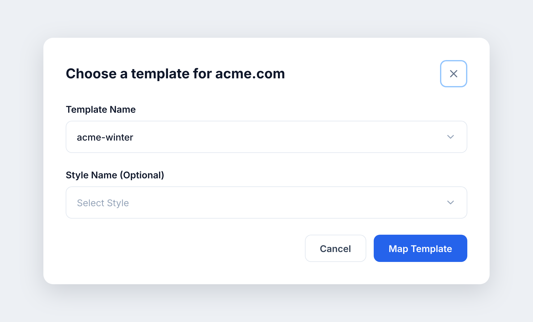 Choose a template modal with a Template Name dropdown and an optional Style Name dropdown