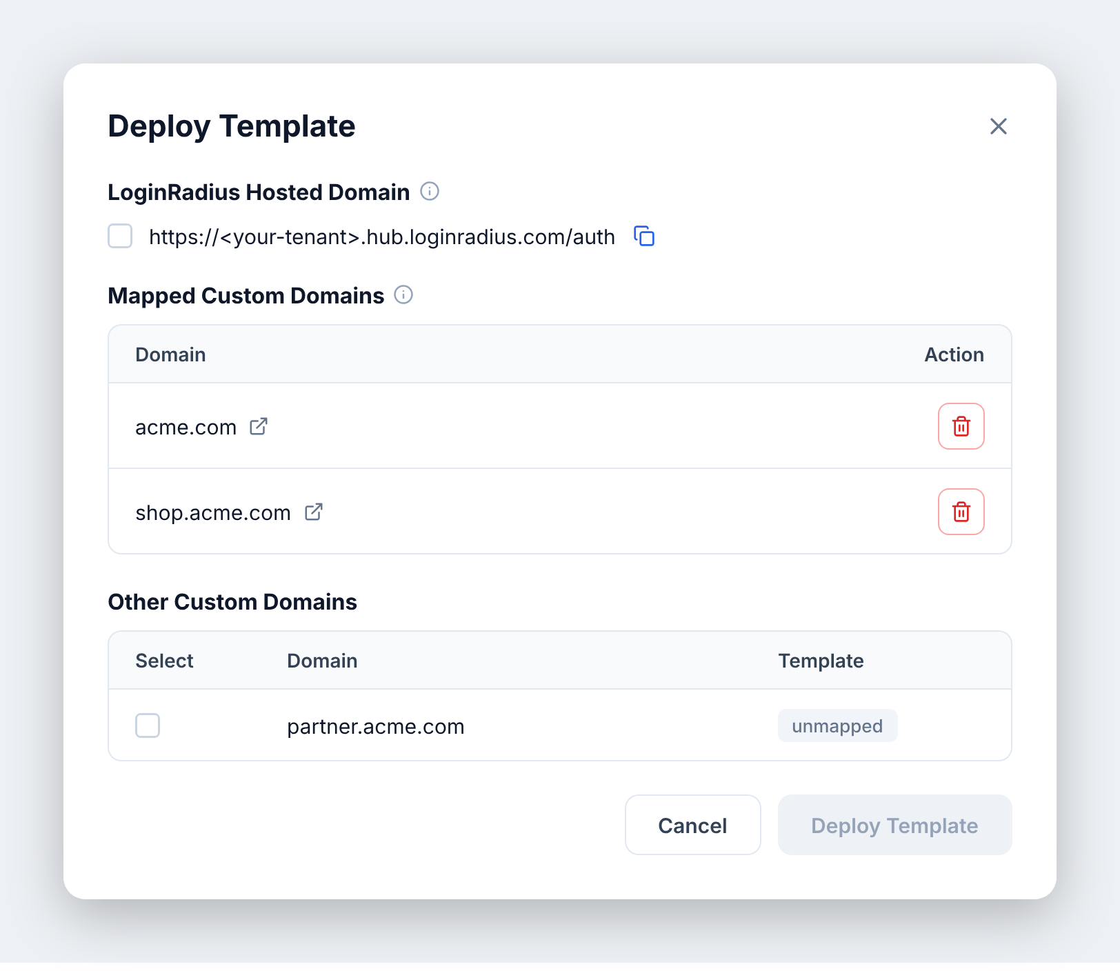 Deploy Template modal with the LoginRadius Hosted Domain checkbox and URL, a Mapped Custom Domains table listing acme.com and shop.acme.com, an Other Custom Domains table with an unmapped domain to select, and Cancel and Deploy Template buttons